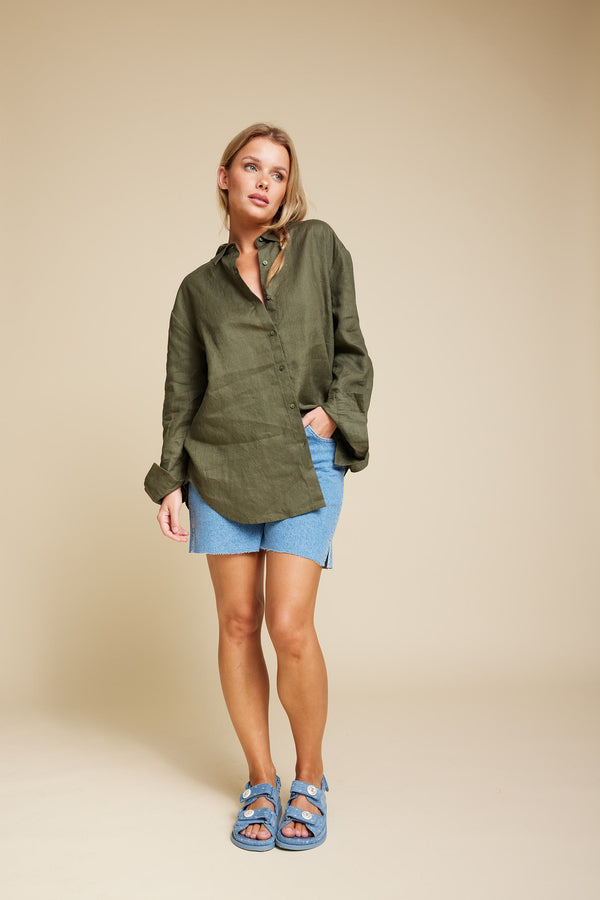 Line Of Oslo Basic Linen Shirt Blouse Army 119