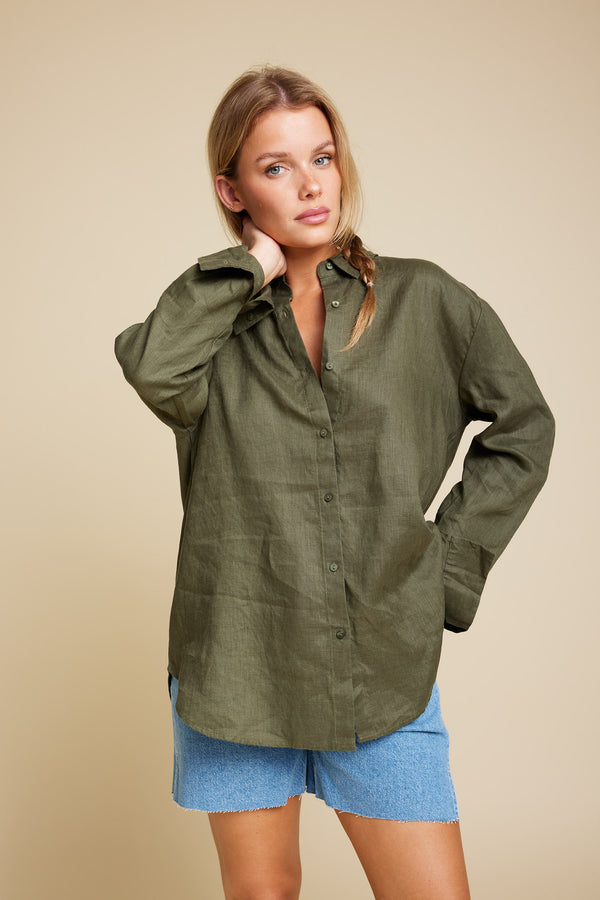 Line Of Oslo Basic Linen Shirt Blouse Army 119