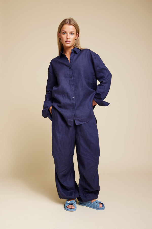 Line Of Oslo Basic Linen Shirt Blouse Blue 066
