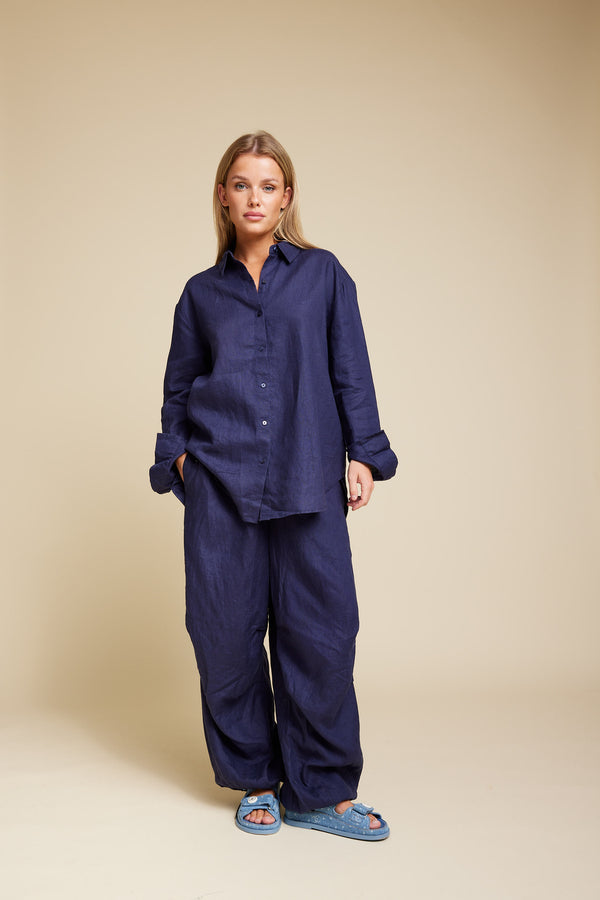 Line Of Oslo Basic Linen Shirt Blouse Blue 066