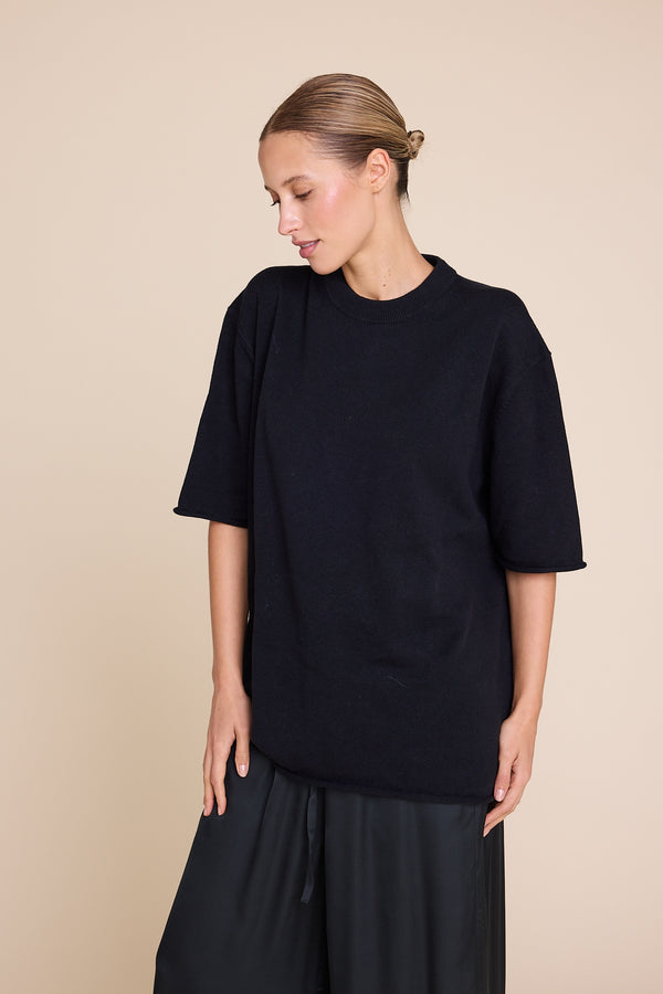Line Of Oslo Terry Knitted T-shirt Top Black 097