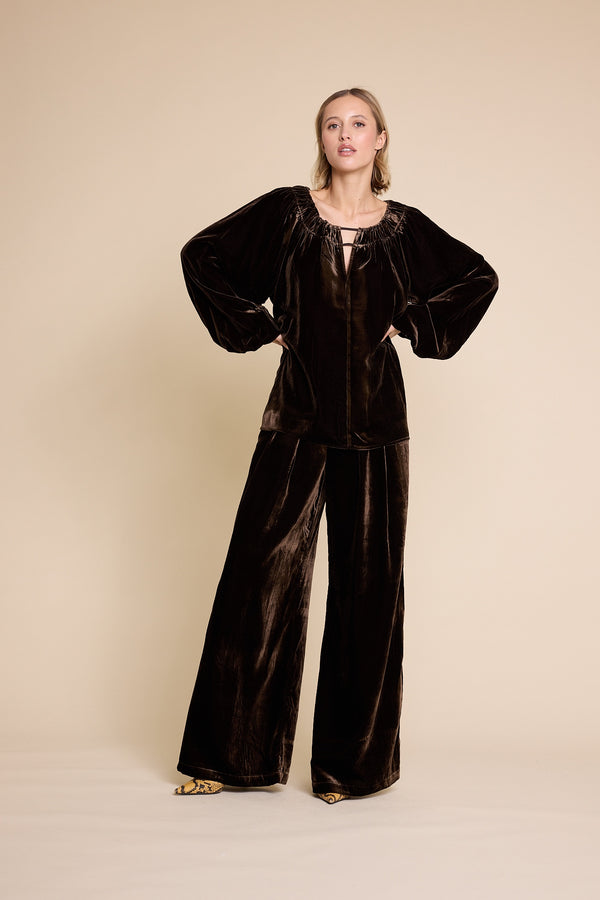 Line Of Oslo Tessa Velvet Top Blouse Brown 063
