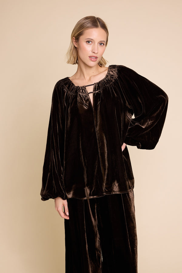 Line Of Oslo Tessa Velvet Top Blouse Brown 063